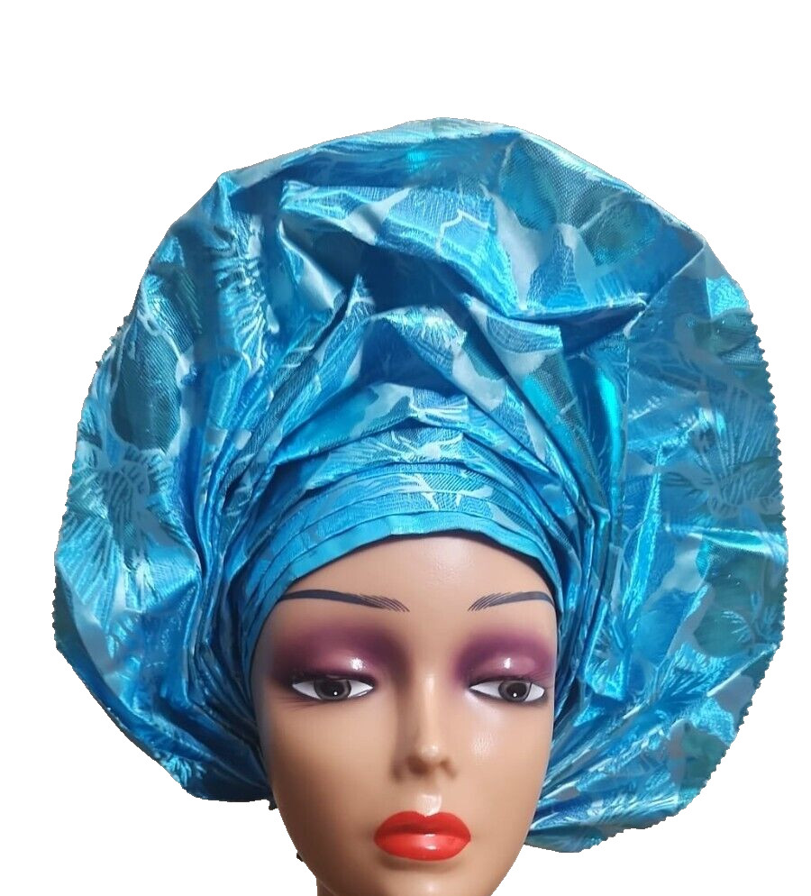 Authentic African Turquoise Blue auto gele for women. NEW