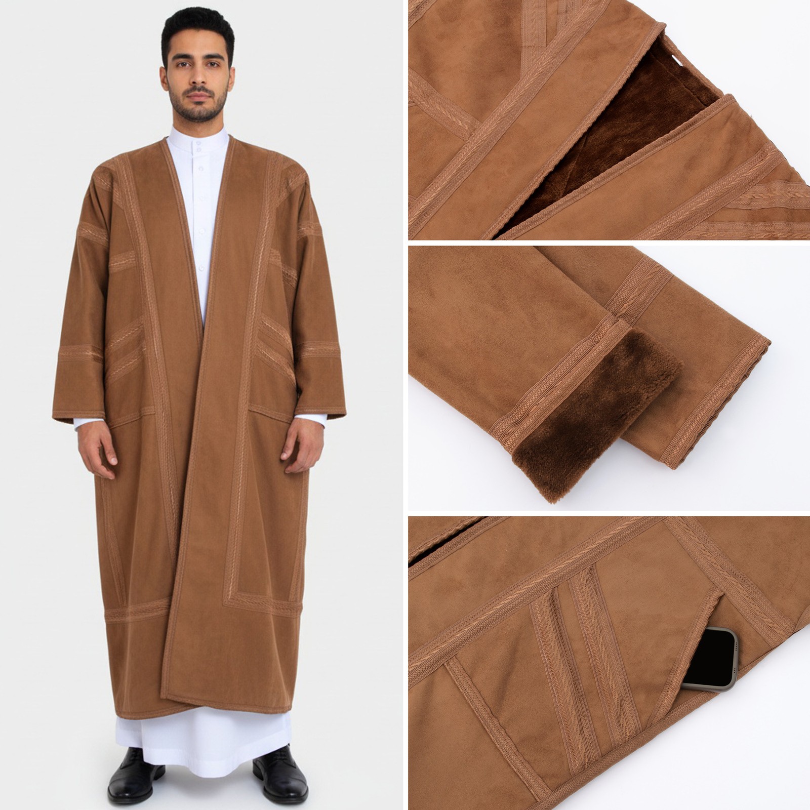Arab Mens Winter Long Robe Saudi Suede Warm Thobe Dishdasha Thoub Prayer Kaftan