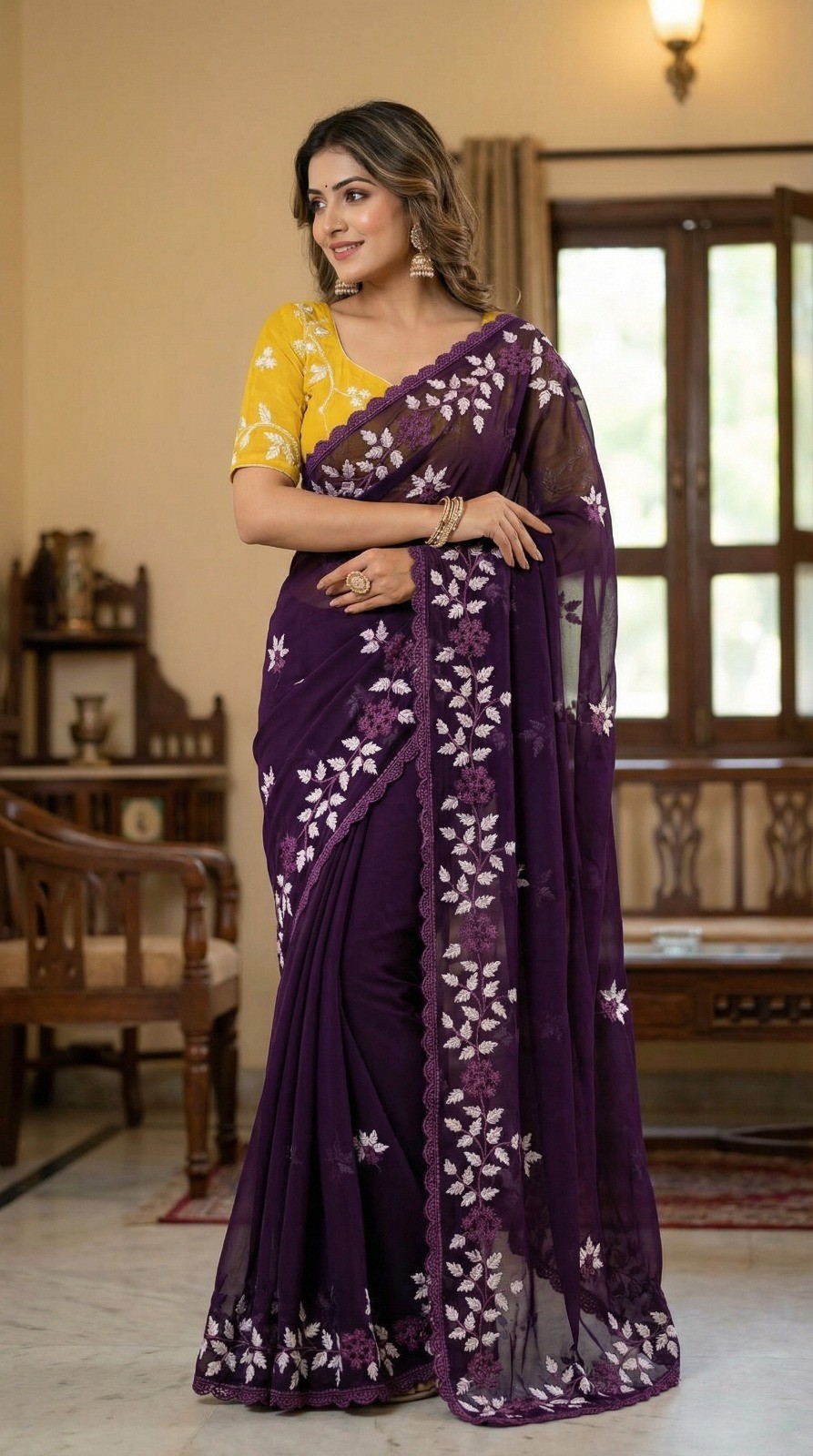CHERRY PINK COLOR GEORGETTE FANCY BRIDAL DESIGNER EXCLUSIVE EMBROIDERY WORK SARI