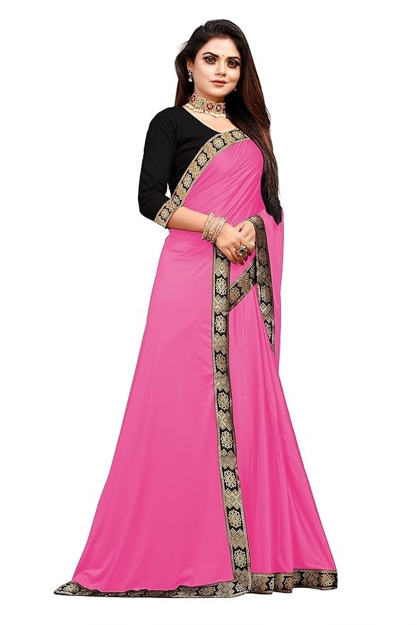 Women’s Lycra Plain Jacquard Lace Border Gorgeous Saree Blouse Piece PINK AN4