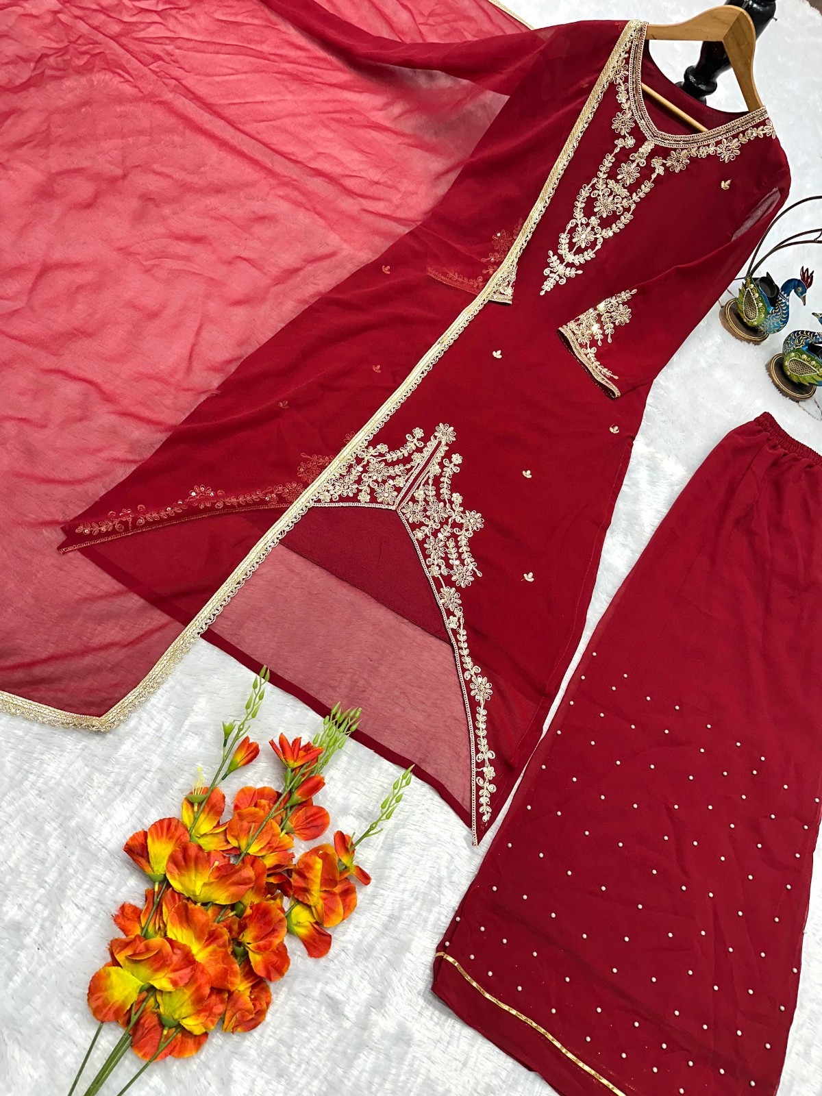 Exclusive Faux Georgette Red Top Palazzo With Dupatta For Wedding Wear