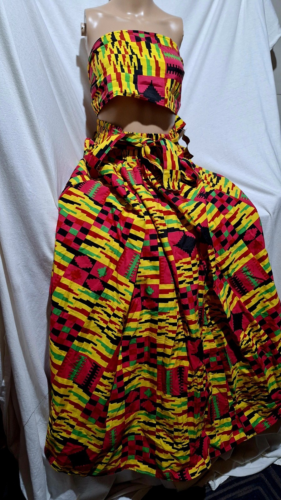 Long AFRICAN WAX PRINT KENTE SKIRT AND HEAD WRAP. SIZE MEDIUM TO LARGE
