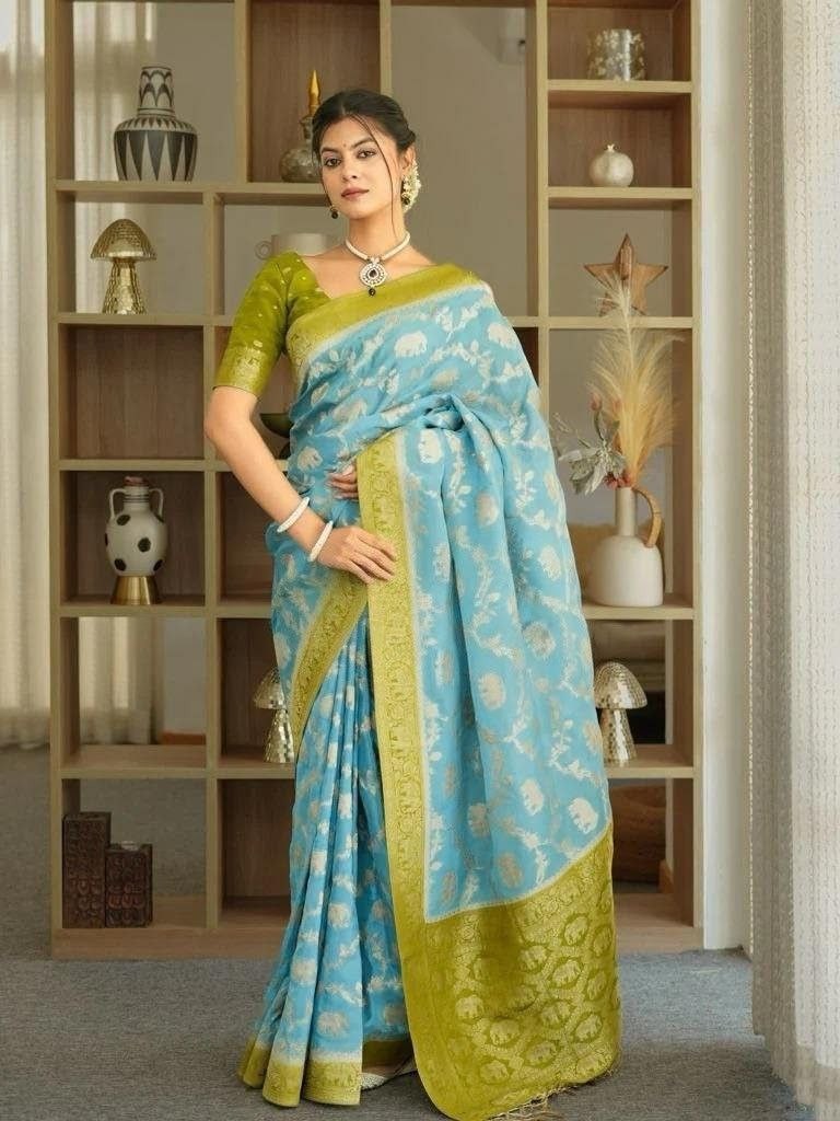 BRIDAL BANARASI SOFT SILK SAREE ZARI MOTIF WEAVING RICH PALLU SARI