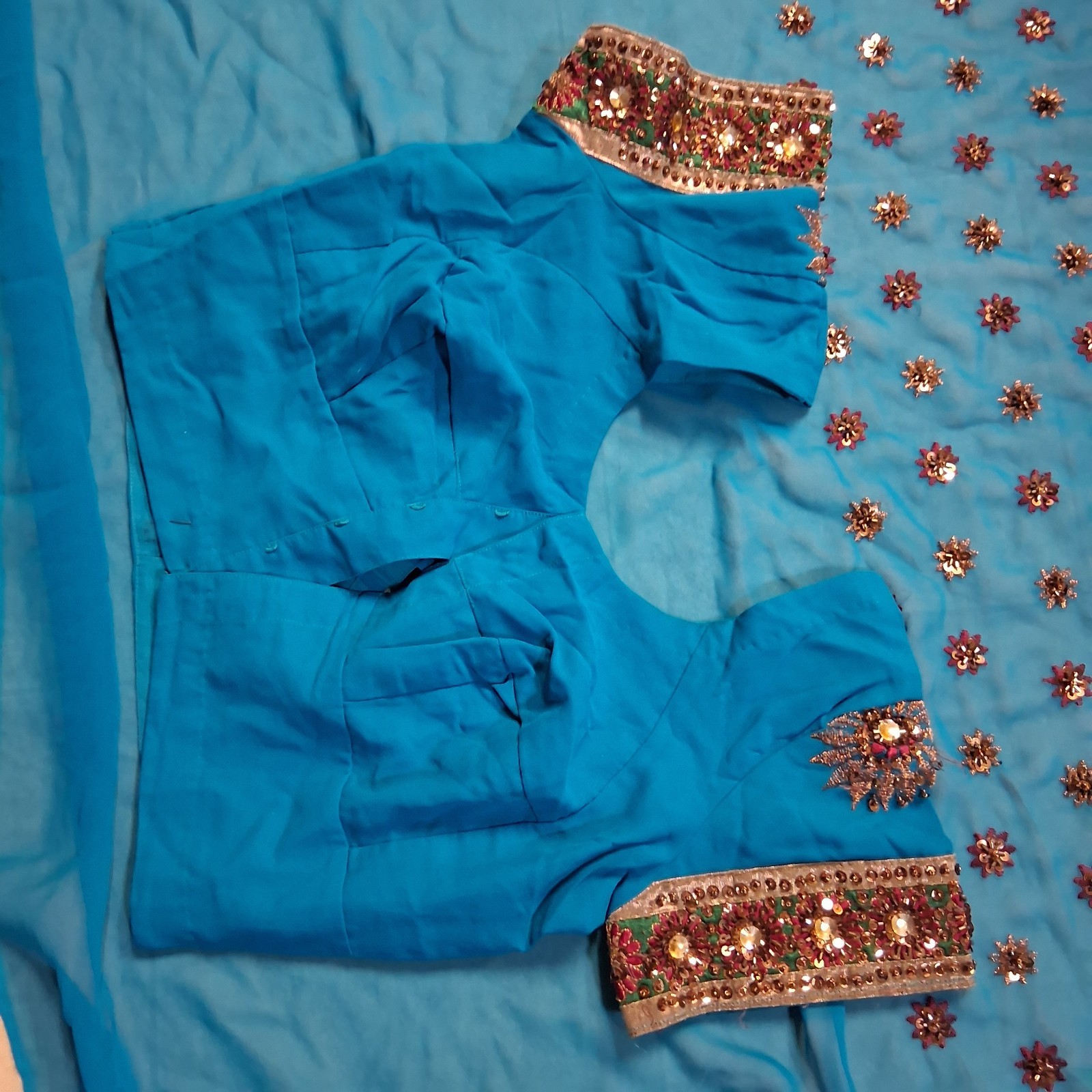 Indian Sari Saree Set Teal Blue Sequin Beaded Wedding Party w/ Blouse dress