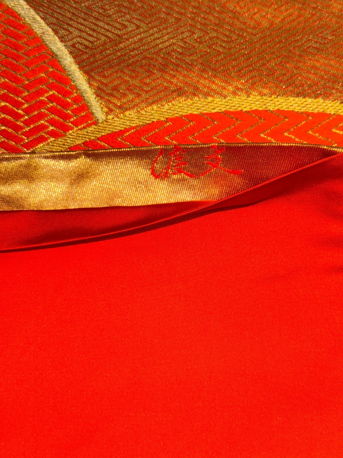 Japanese Vintage Kimono Fukuro Obi Silk Orange Traditional Embroidery 166×12 in