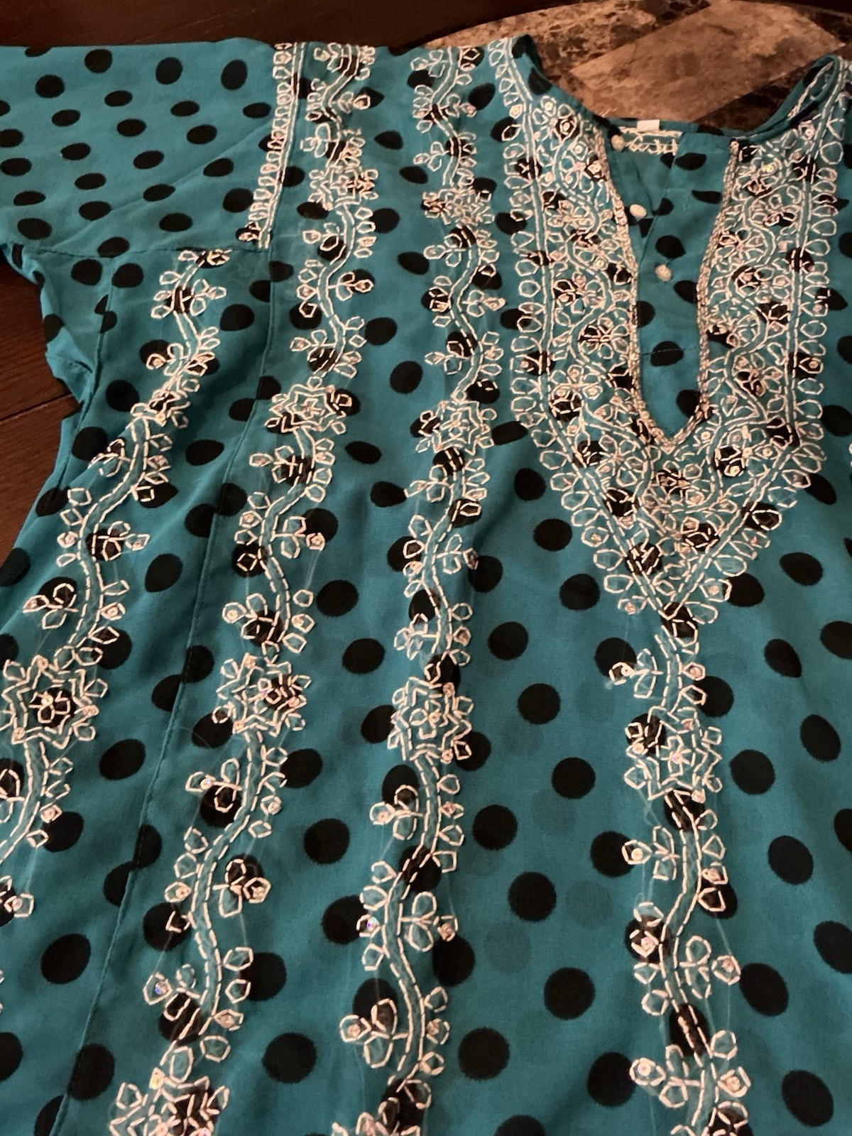 Polyester Chiffon Sequined Blue Indian Kurta Kurti Top, 46” Bust, 28” Long, New