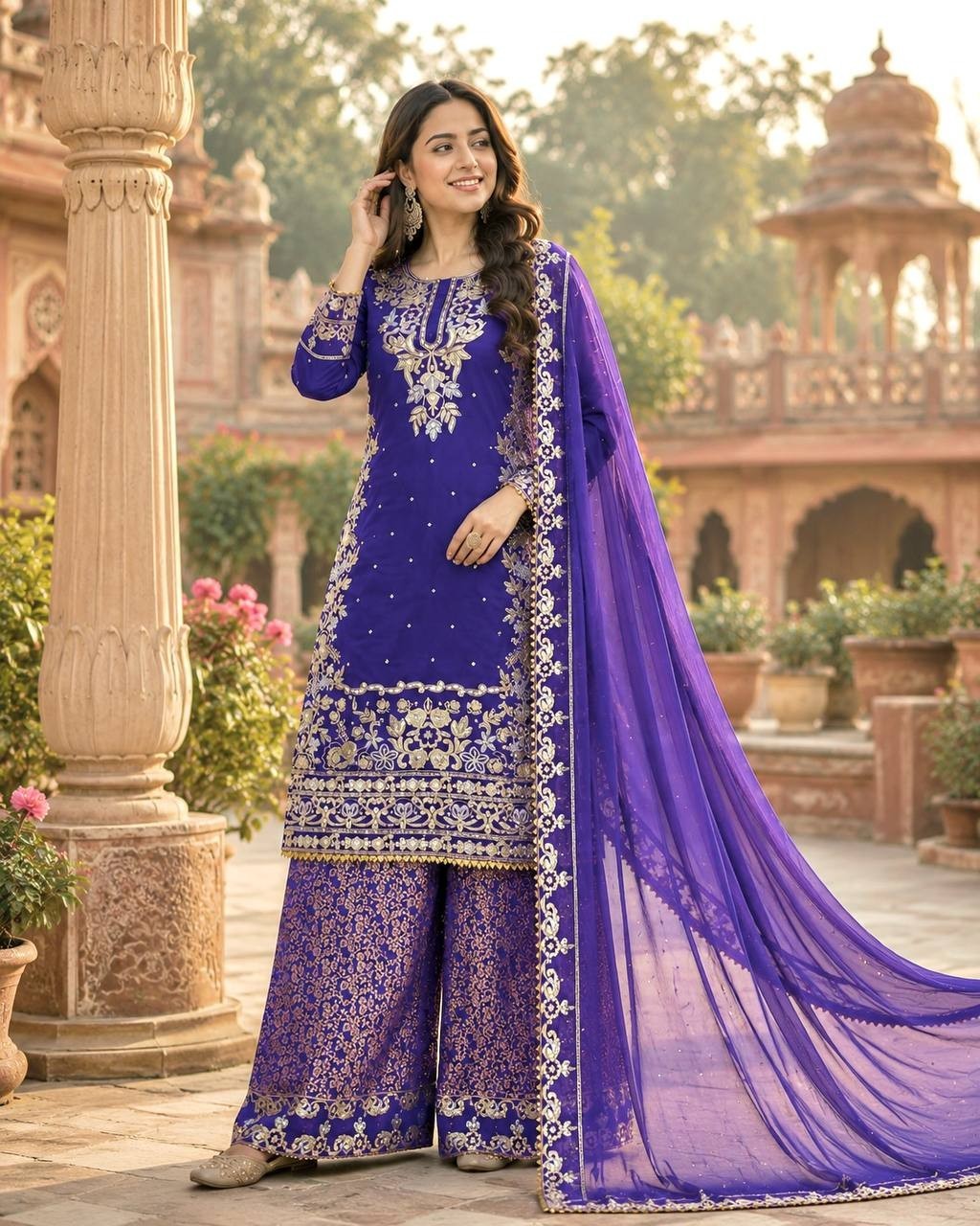 Presenting Heavy Roman Cotton Purple Top Palazzo With Dupatta Function Wear