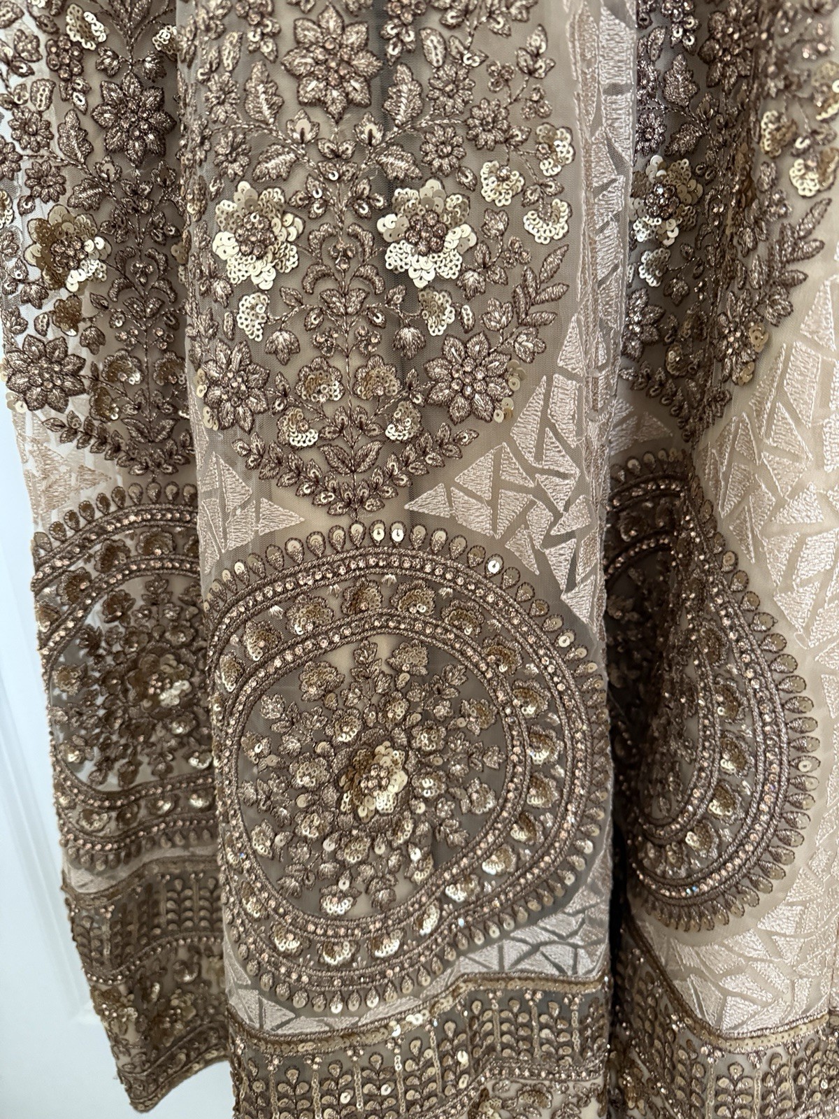 Beige Indian lehenga set Net Sequin Embroidered Set with Skirt Blouse Dupatta.