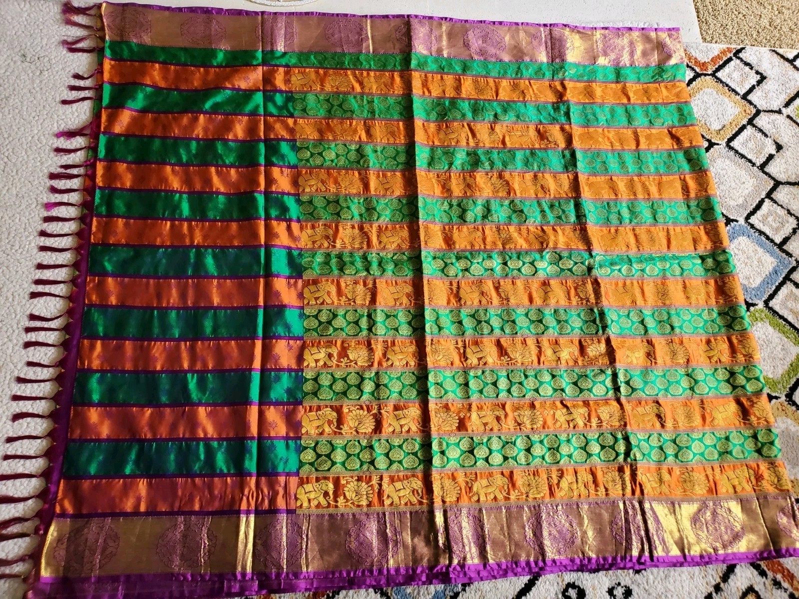 Authentic Pure Silk Dharmavaram Pure Silk Saree Horizontal Panels Green Orange