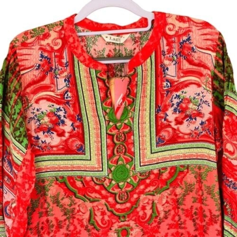 NWT Indian Kurta Kurti Lagi Red Floral Relaxed Long-Line Tunic Blouse Top — SZ M
