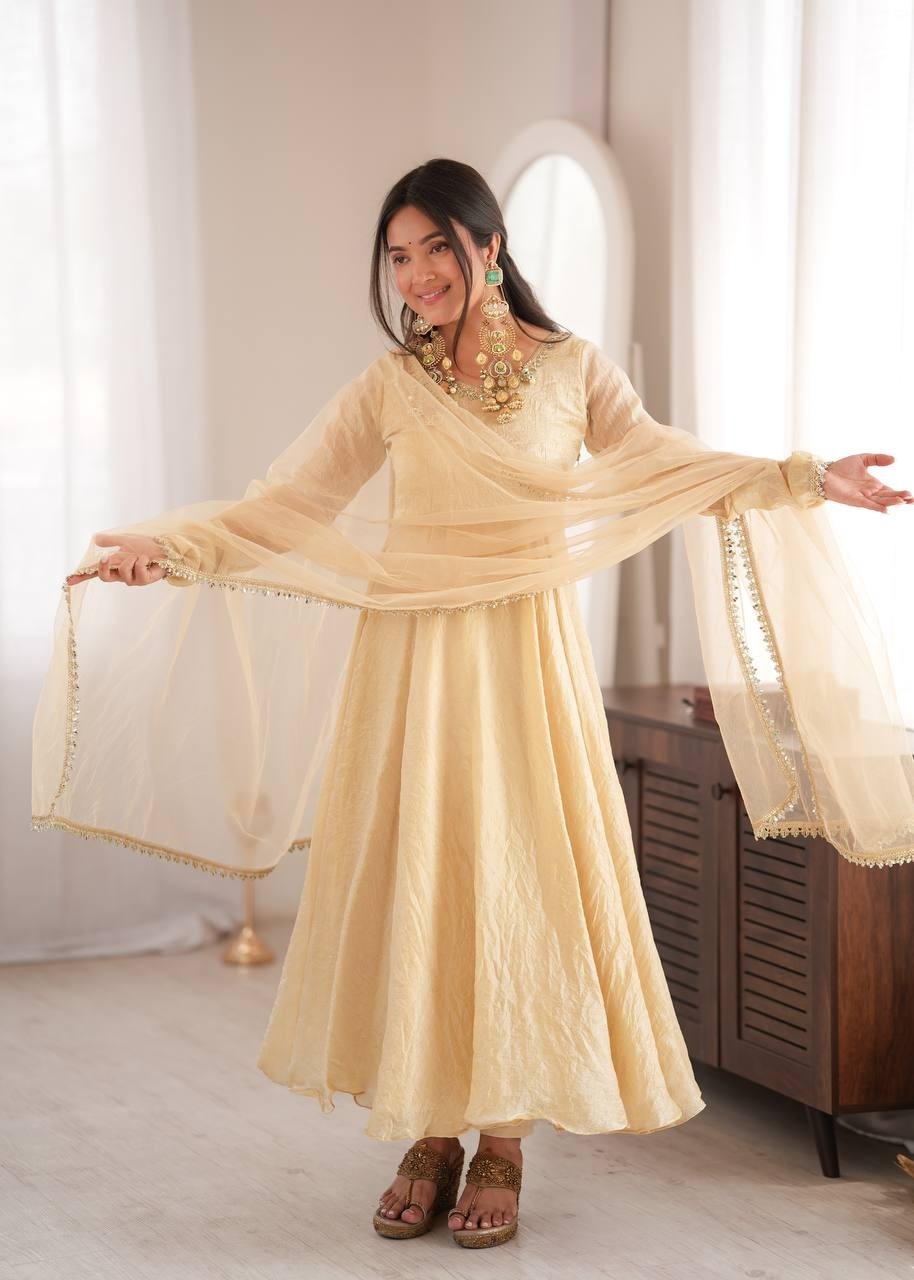 Beautiful Doremon Crush Cream Gown Bottom With Dupatta For Functional Wear