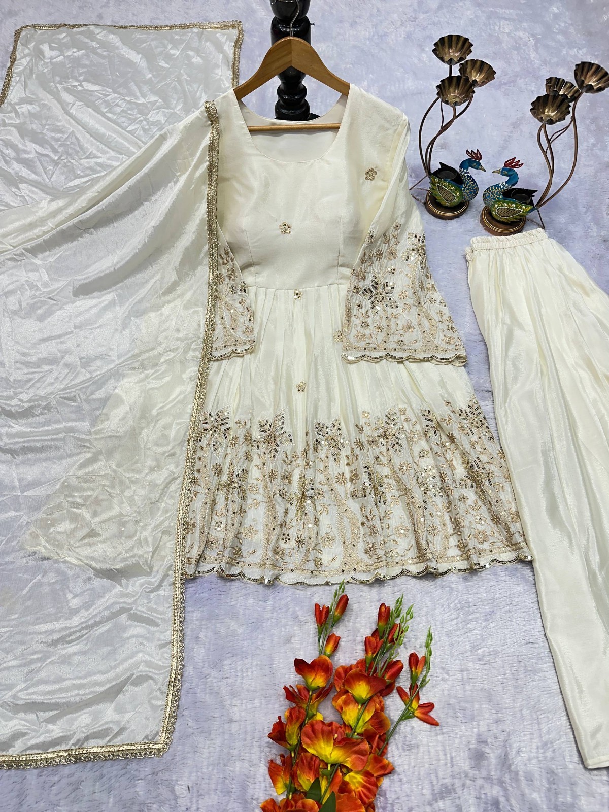 Premium Designer Chinnnon Silk Kurta Palazzo With Dupatta For Wedding Wear