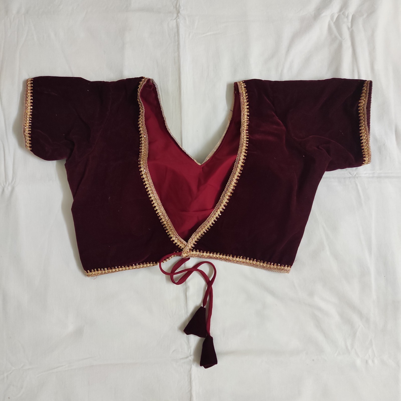 Maroon Velvet Saree Blouse V Neck Back Tie Bollywood Designer Choli Crop Top M