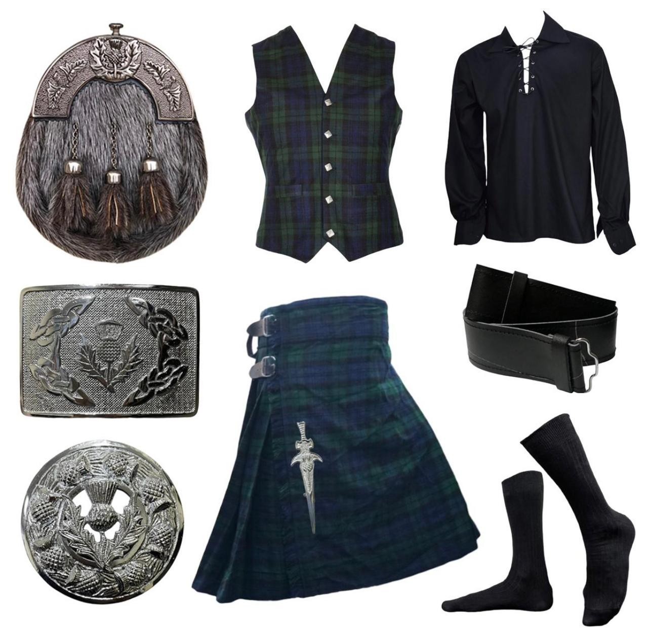 SCOTTISH TRADITIONAL KILT OUTFIT 9 PCS KILT SET WITH VEST IN 40+ CLAN TARTANS