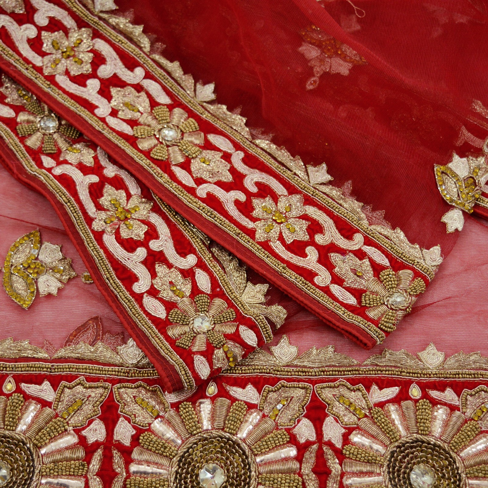 Vintage Heavy Red Dupatta Net Mesh Long Stole Hand Embroidered Scarves Zardozi