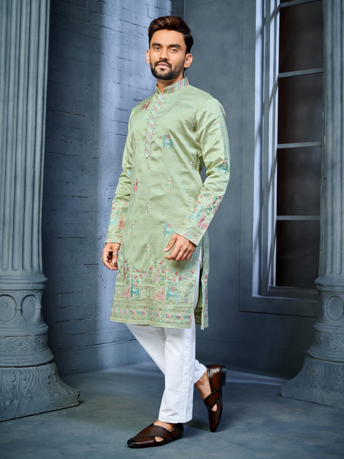 Men’s Pista Green Embroidered Kurta Indian Ethnic Wedding Party Wear Outfit