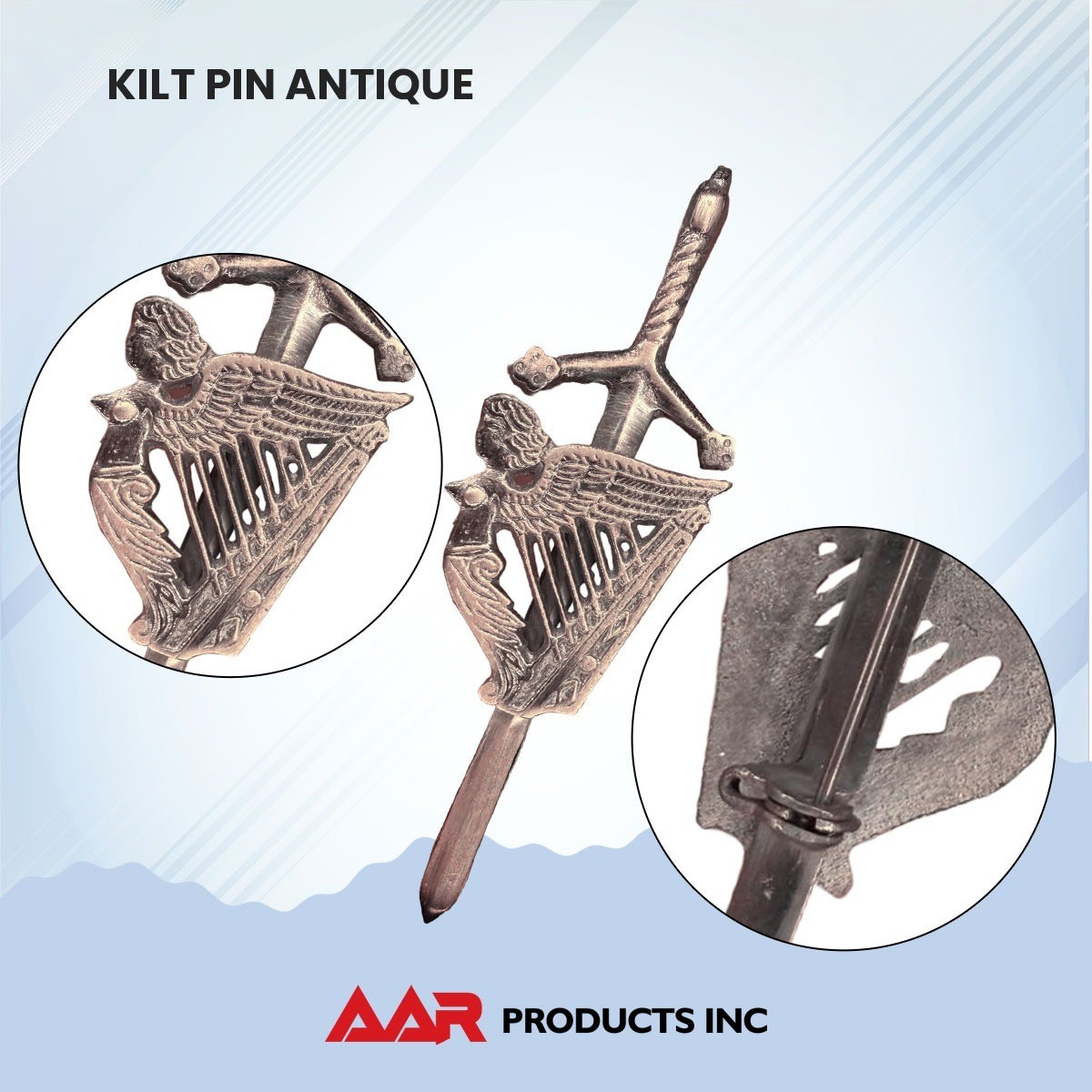 Kilt Pins Scottish Big Harp Highland Kilts Pin Antique Plated 4″ AAR