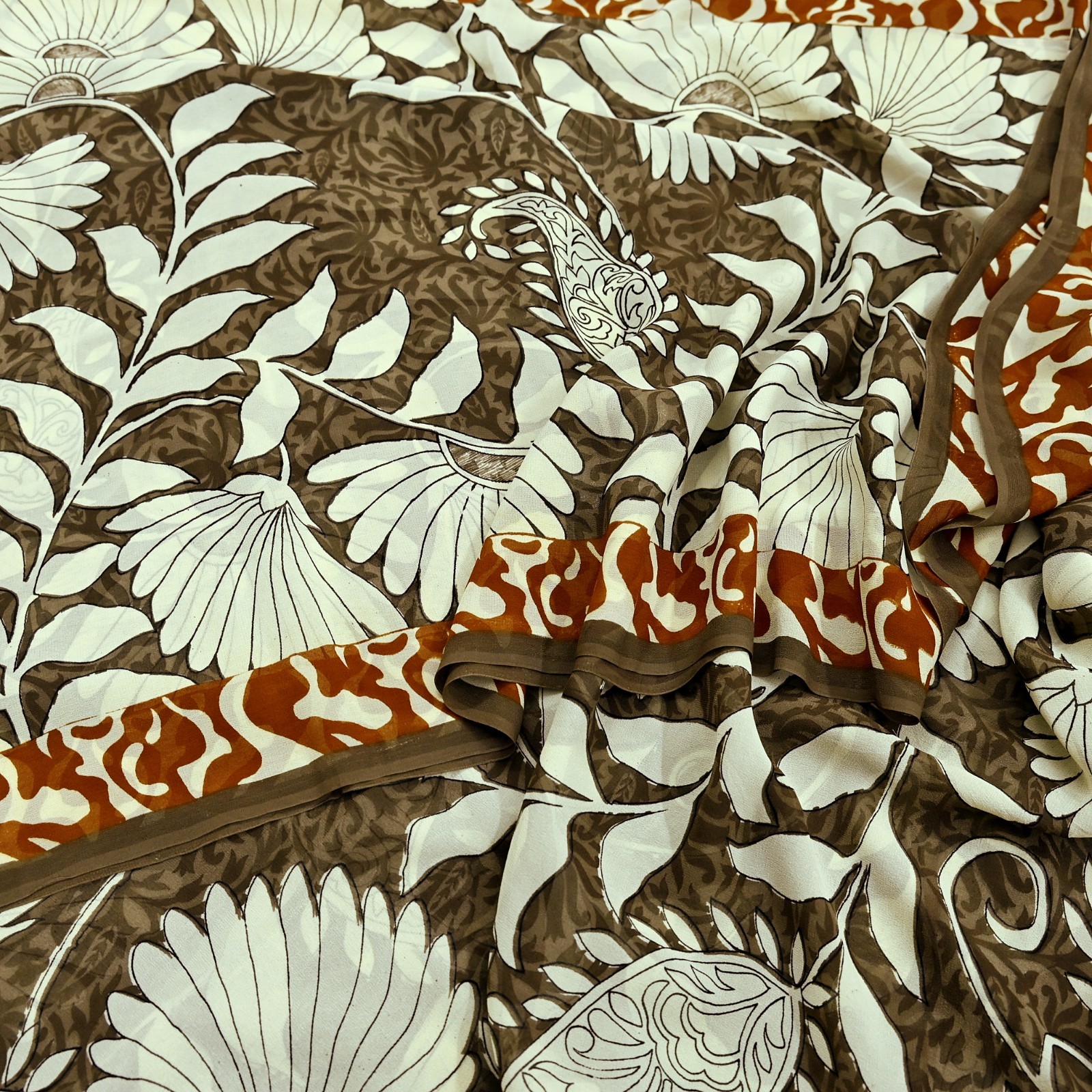 Vintage Sari Brown & Ivory Pure Georgette Silk Block Printed Sarees Sewing soft