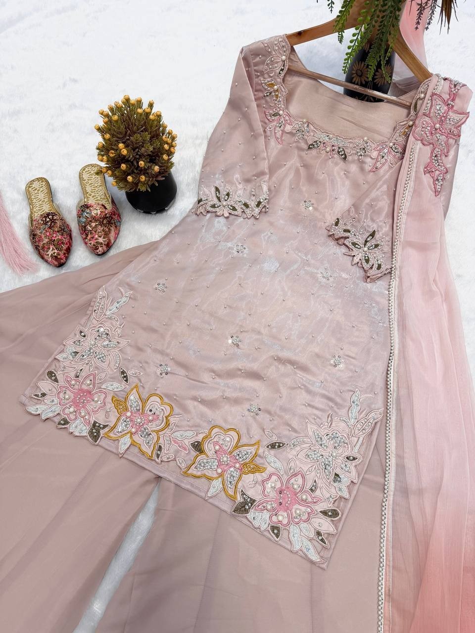 New Designer Roman Glass Silk Kurta Palazzo With Dupatta For Party Wear
