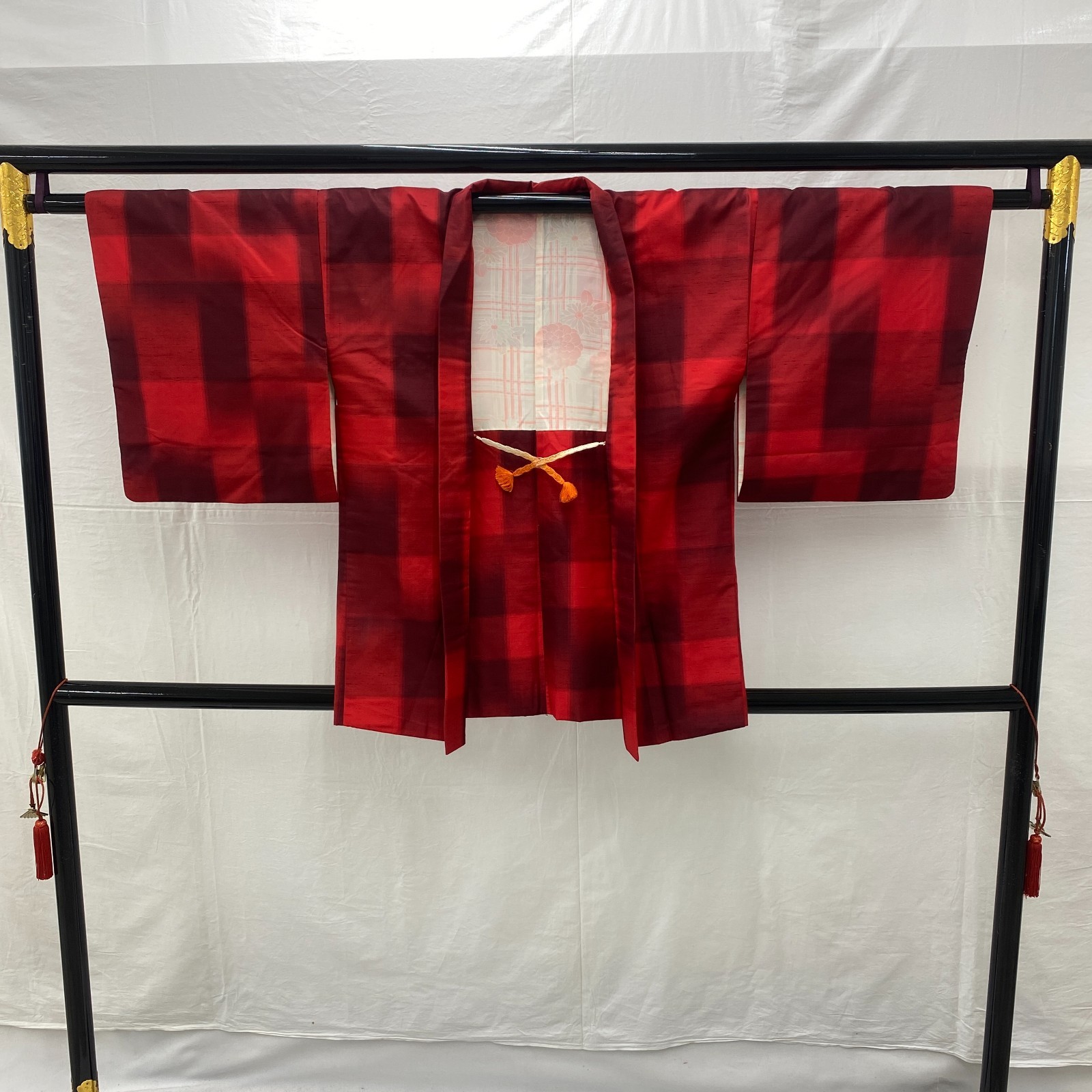 Japanese Vintage Kimono Haori Jacket Polyester Red Traditional Authentic 31 in