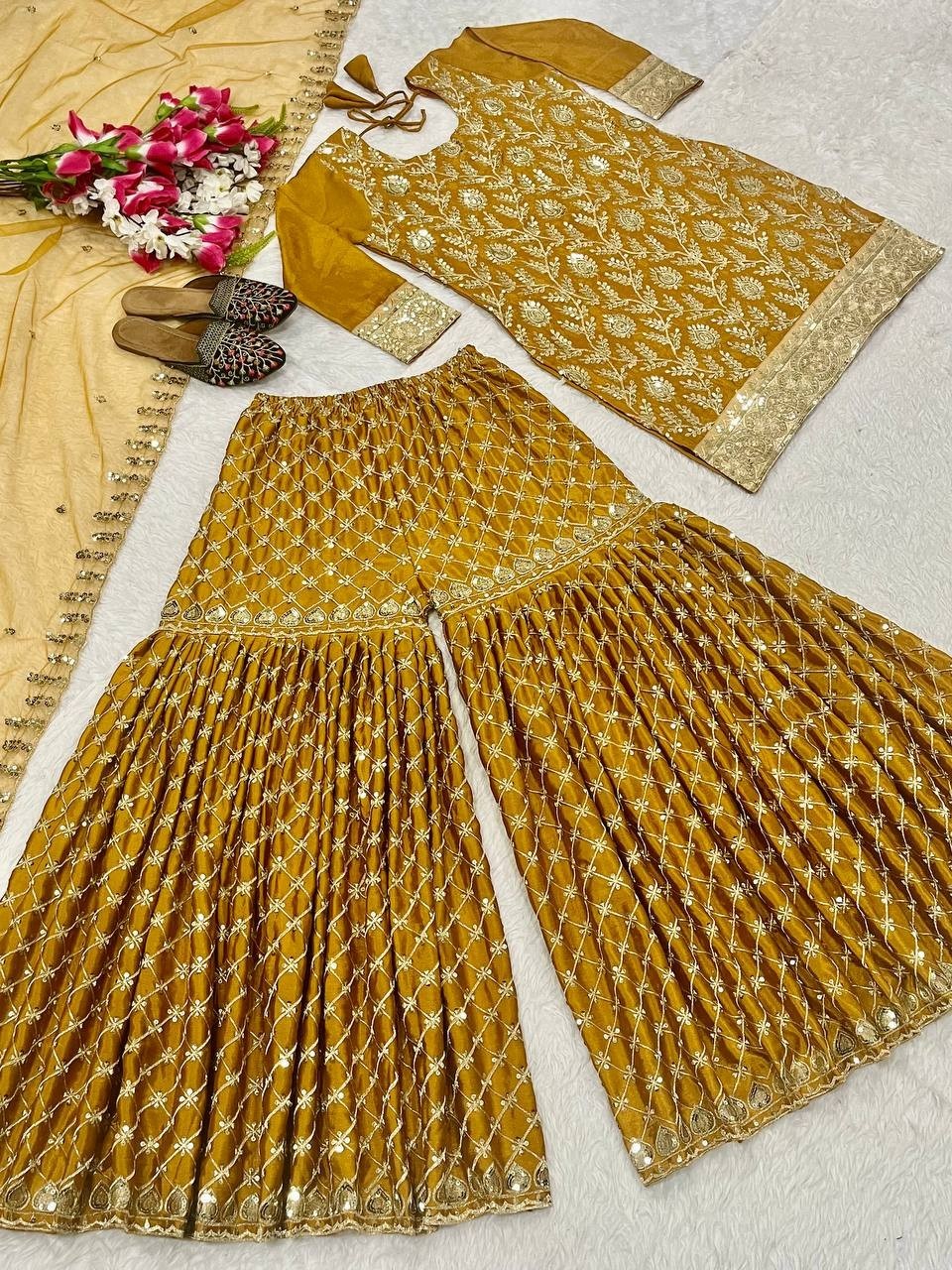 New Presenting Yellow Chinon Silk Kurta Palazzo With Net Dupatta For Women