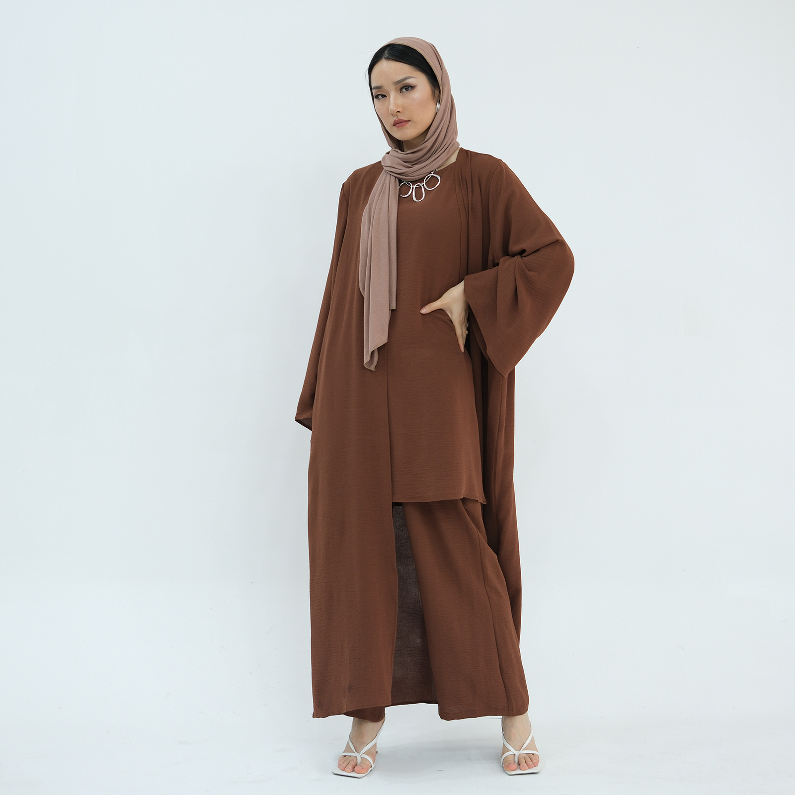 Muslim Women 3pcs Set Open Kimono Vest Pants Kaftan Dress Dubai Abaya Outfits