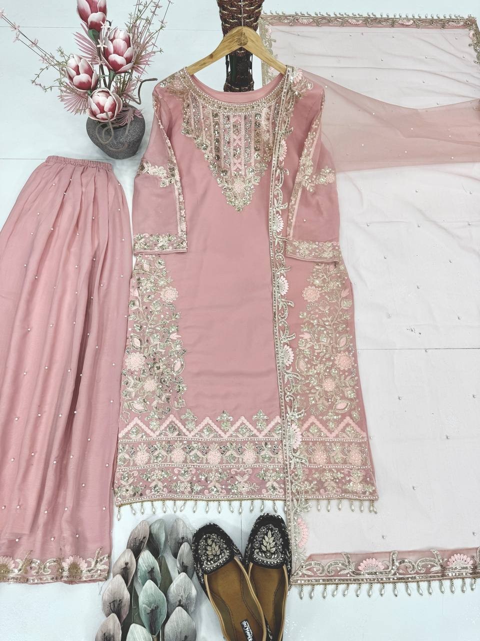 Heavy Faux Georgette Light Pink Top Palazzo With Dupatta For Wedding Wear