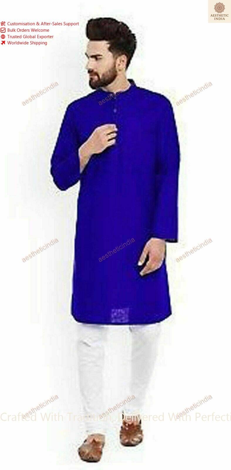 Indian Cotton Shirt kurta Mens Tunic Top Blue Color Plus Size Solid High Neck