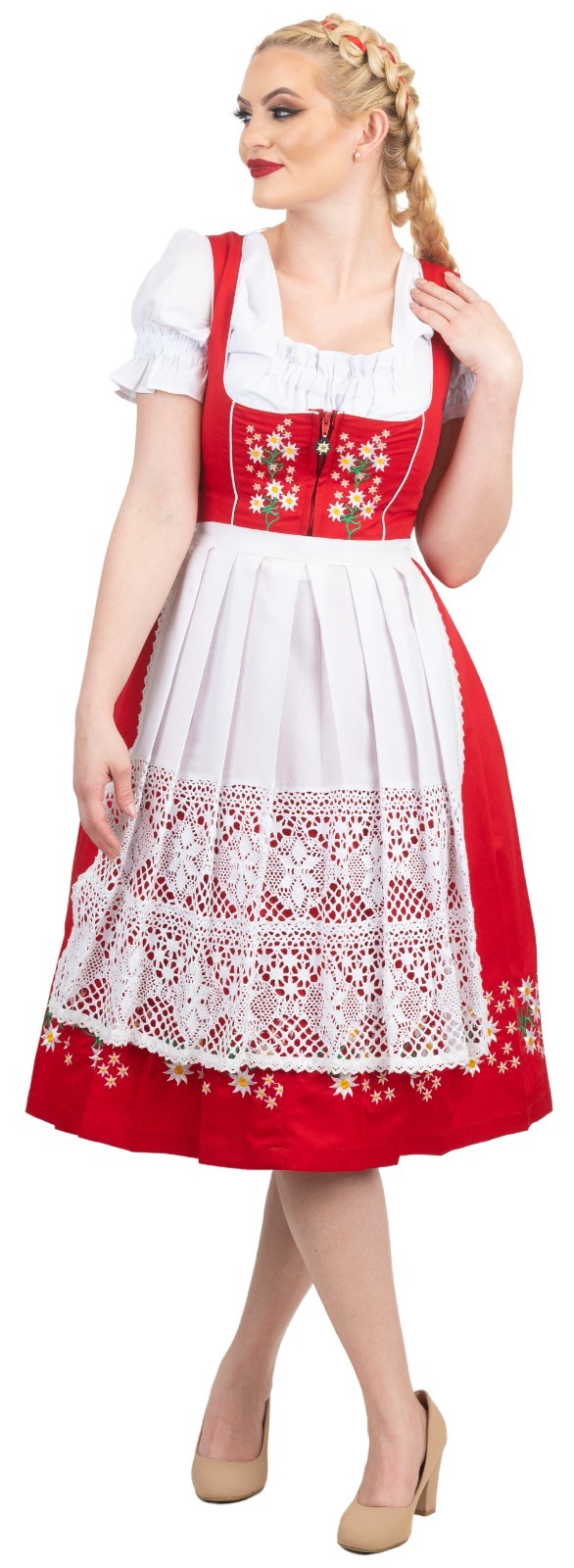 XS S M L XL 2XL Red Cotton German Dirndl Dress EMBROIDERED Oktoberfest Waitress
