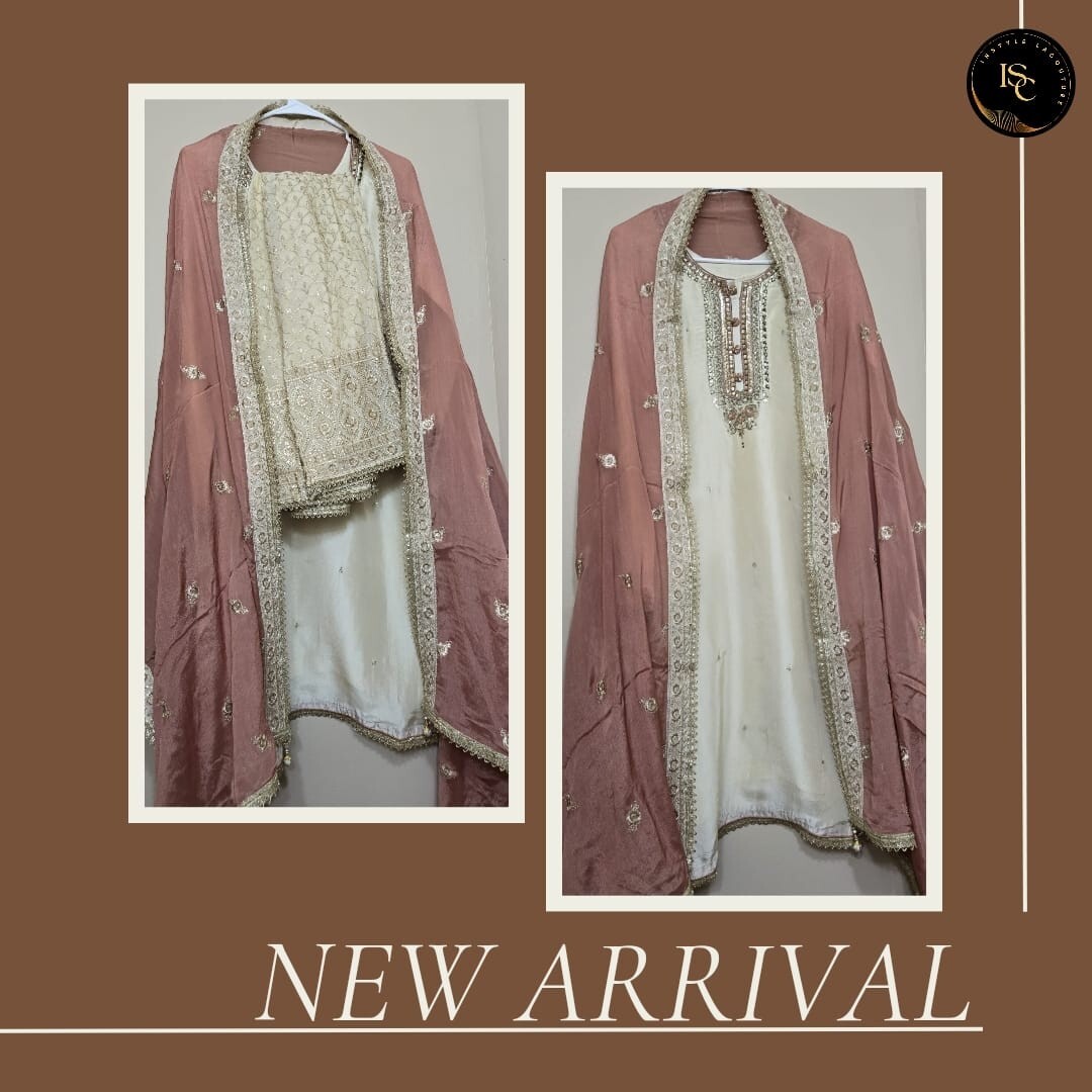 Indian Pakistani White Chiffon Gharara Silk Top Salmon Pink Chiffon Dupatta