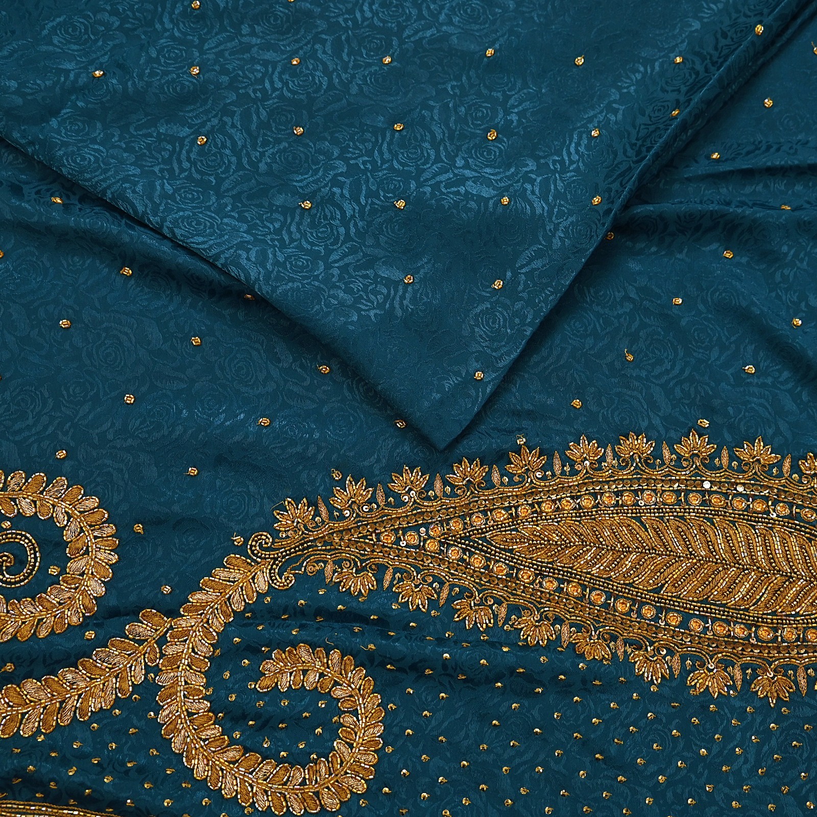 Indian Vintage Heavy Sari Teal Blue Pure Crepe Silk Hand Embroidered Sarees 6yd