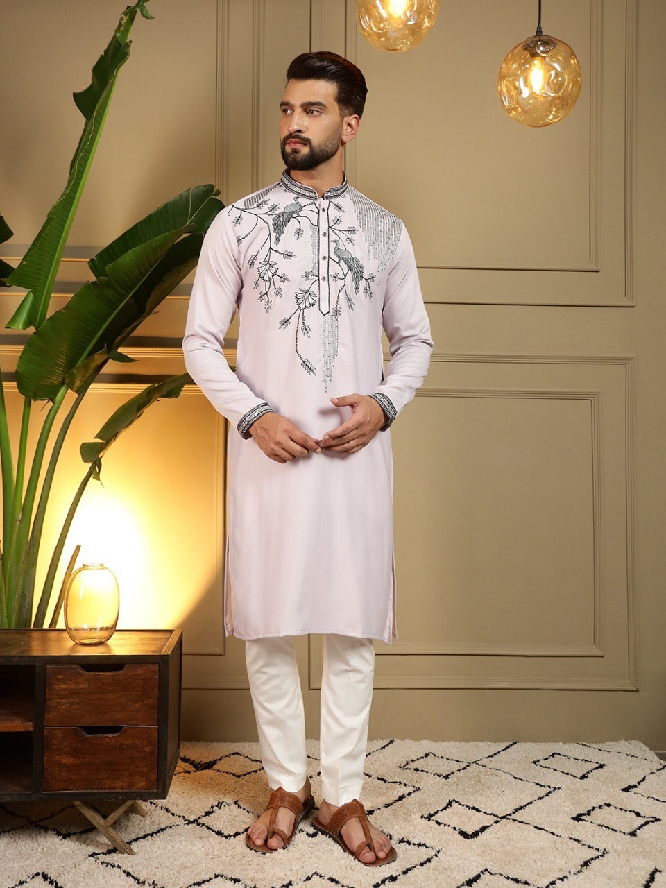 Mens Indian Kurta Pajama Set Viscose Silk Embroidered Wedding Party Ethnic Wear