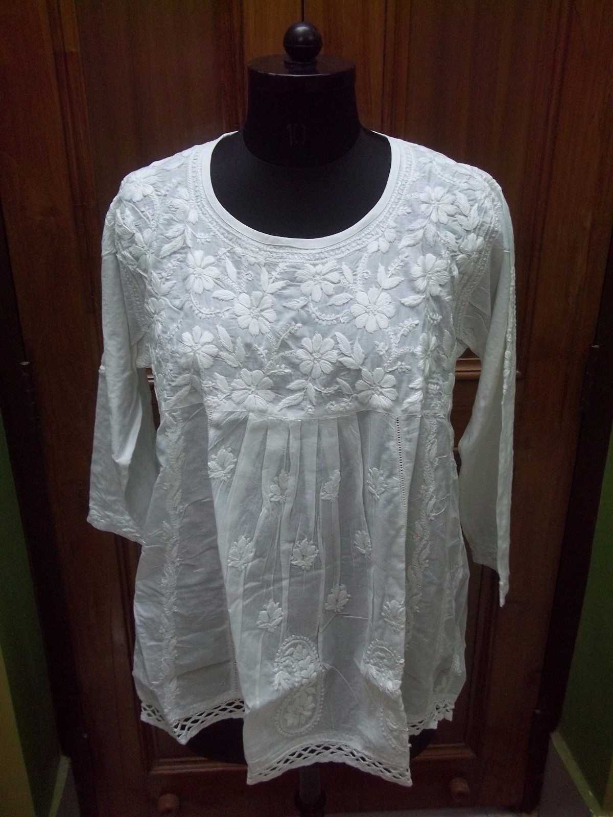 S M L XL ARTISAN ETHNIC CHIKAN EMBROIDERY 100% COTTON HANDMADE KURTI KURTA TOP