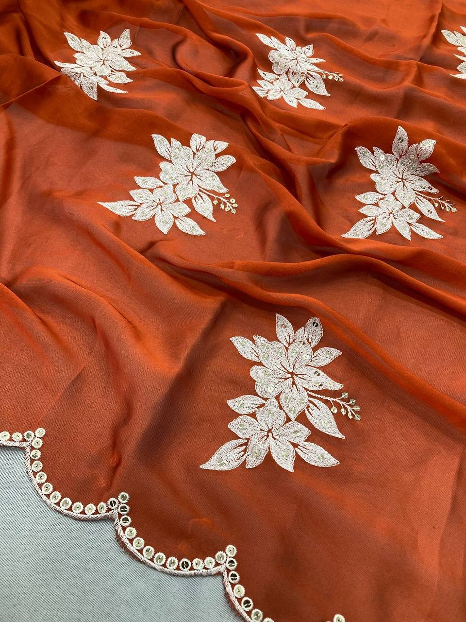 Traditional Indian Silk Saree Embroidered Cutwork Border Party Wear Wedding Sari