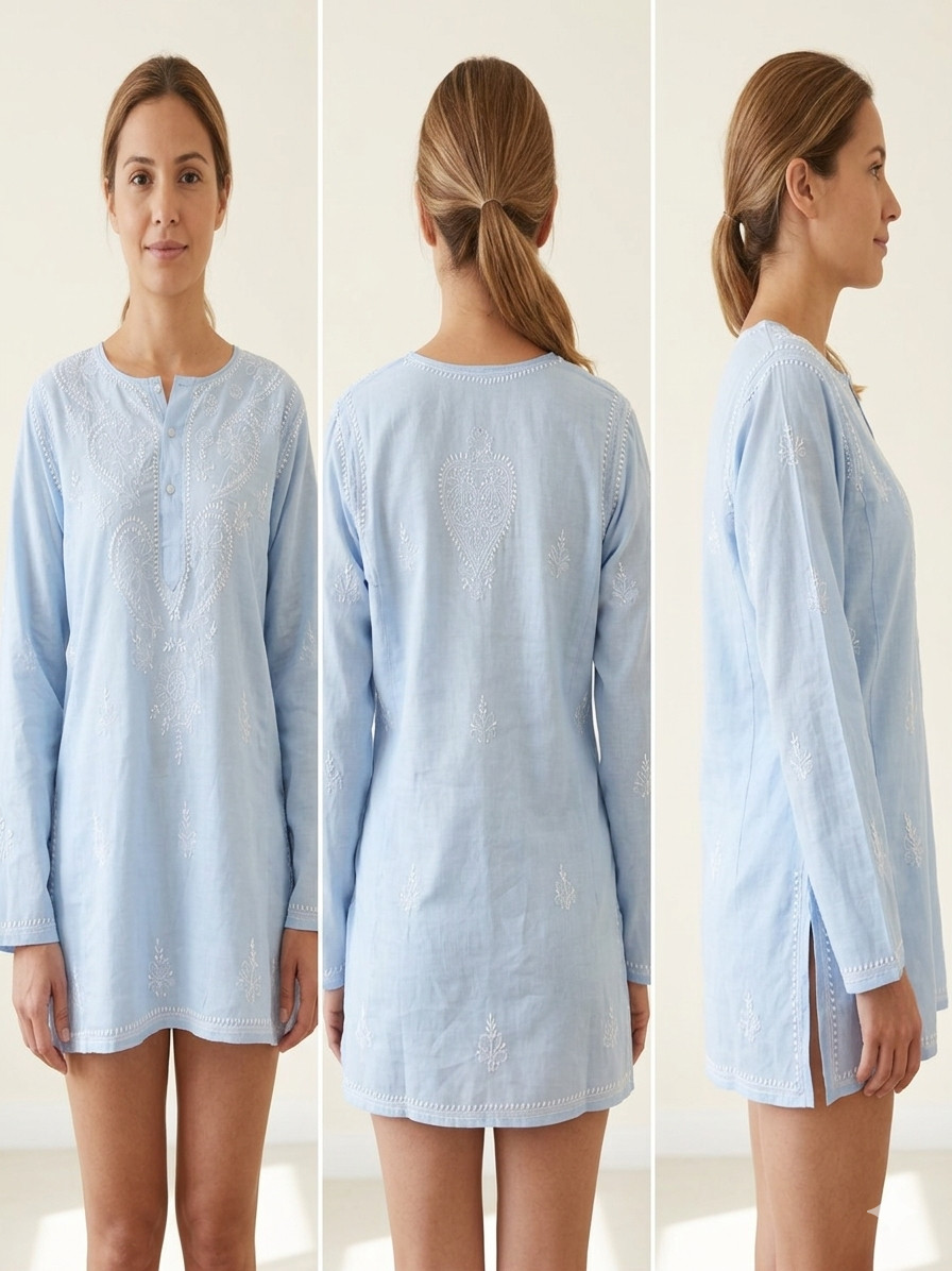 Soft Voile Elegant Embroidered Kurta Tunic Top Baby Blue Resort Lounge Wear