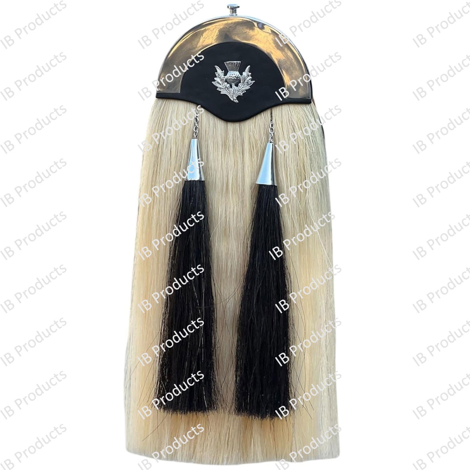 IB Scottish Bagpiper Thistle Badge White Long Hair Sporran 2 Black Hair Tassels
