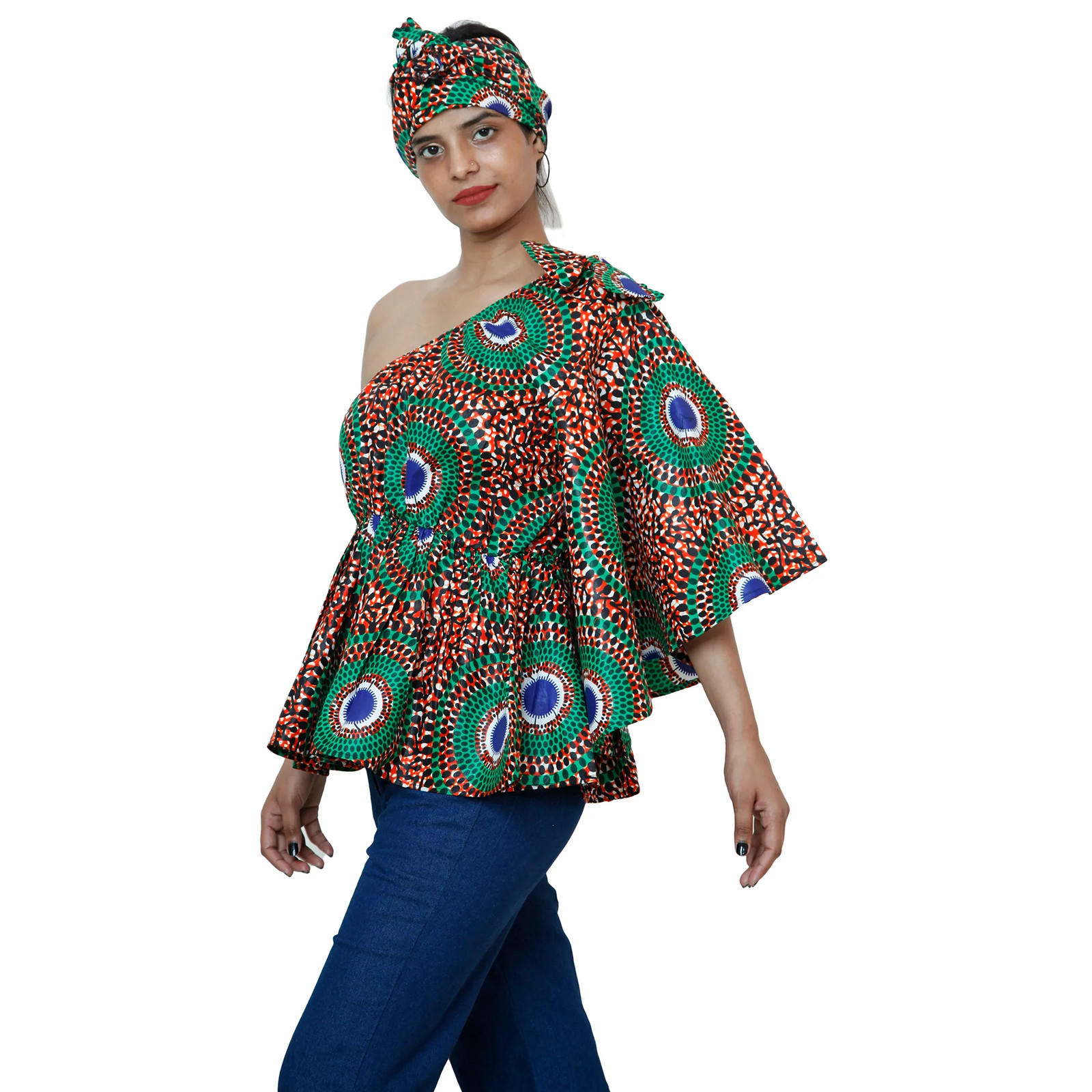 African Women’s One Shoulder Peplum Blouse with Matching Headwrap — FI-2065