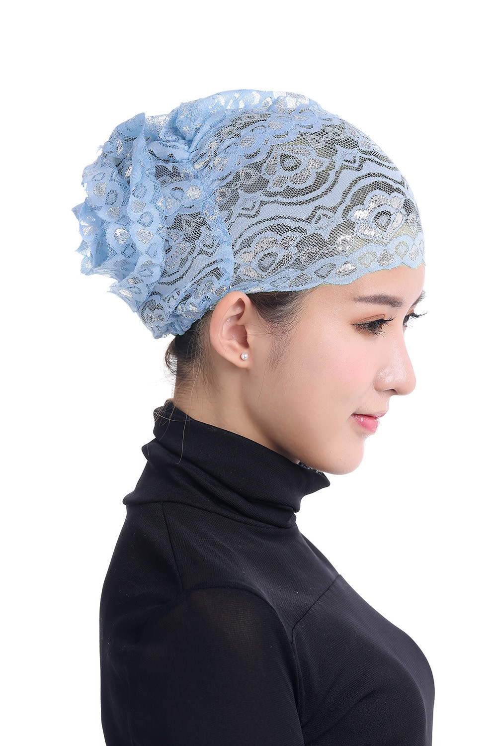Muslim Womens Inner Hijab Cap Lace Flower Turban Headwear Islamic Headscarf Hats