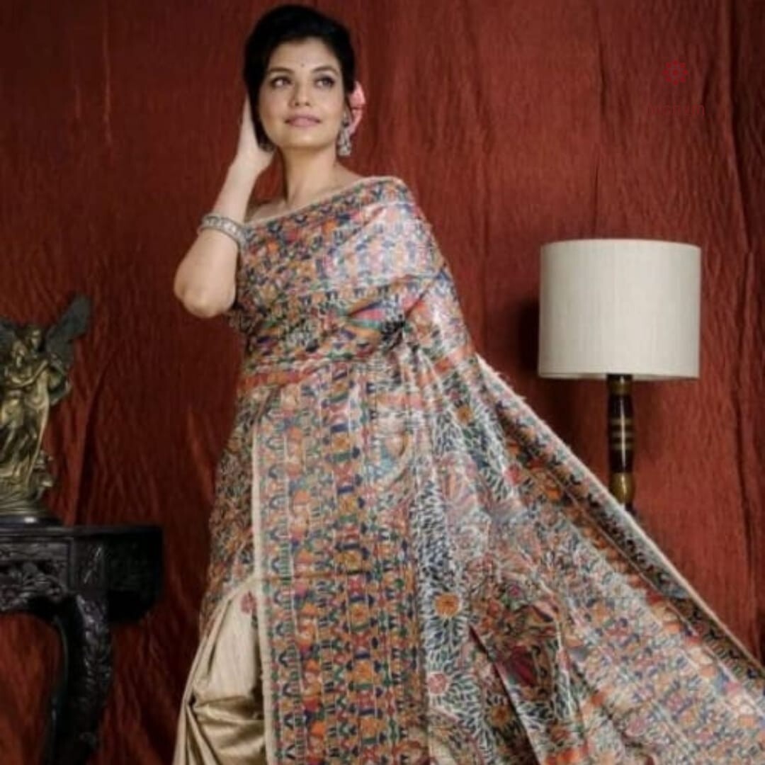 Madhubani Pure Tussar Ghicha Hand Painted Saree