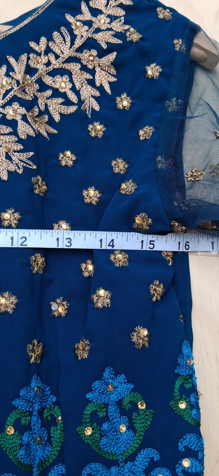 Indian Anarkali Gown Dress S Royal Blue Gold Embroidered Long Sleeve Maxi Party