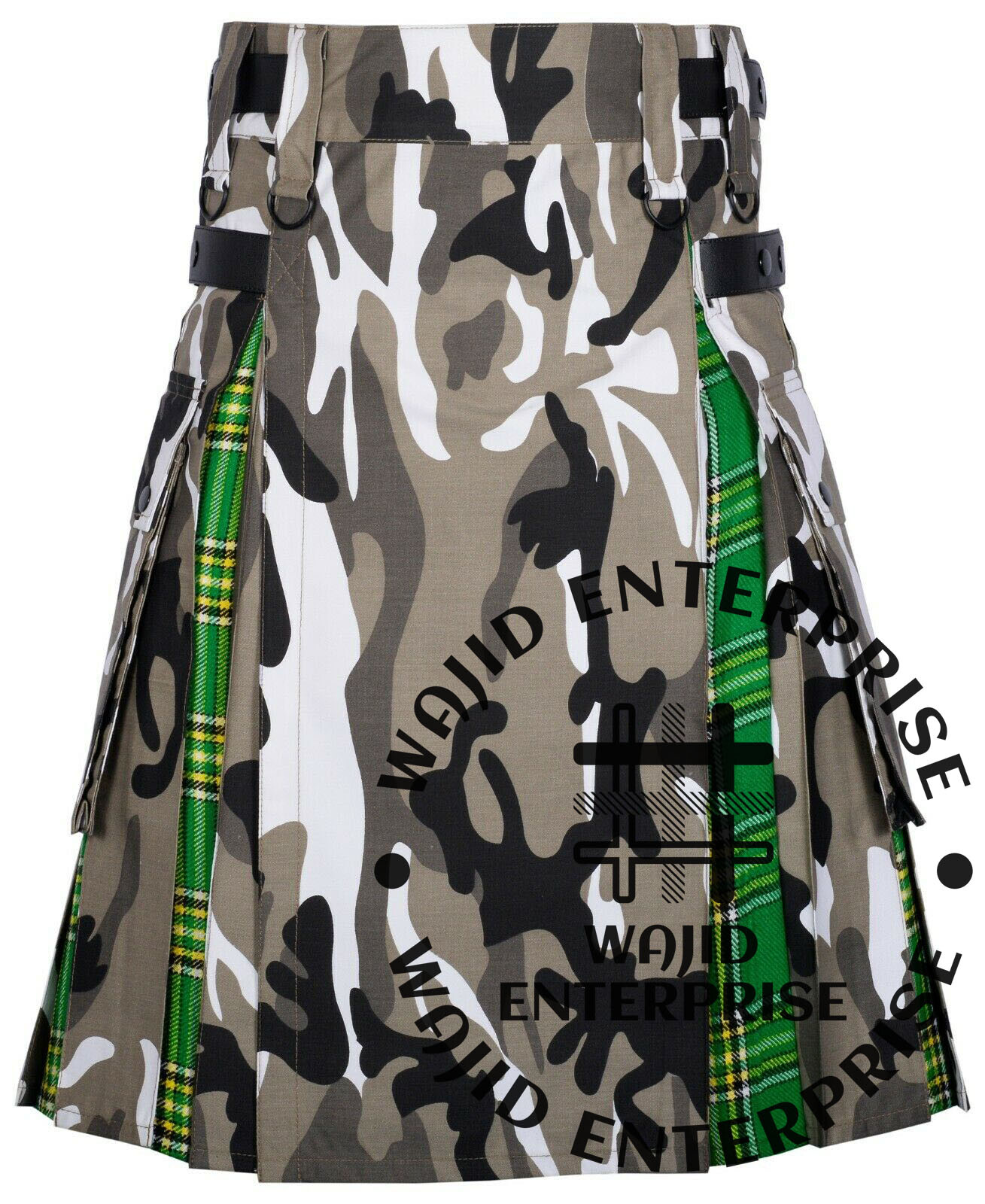 Scottish Handmade Urban Camo with Irish Tartan Hybrid Utility Kilt for Men’s