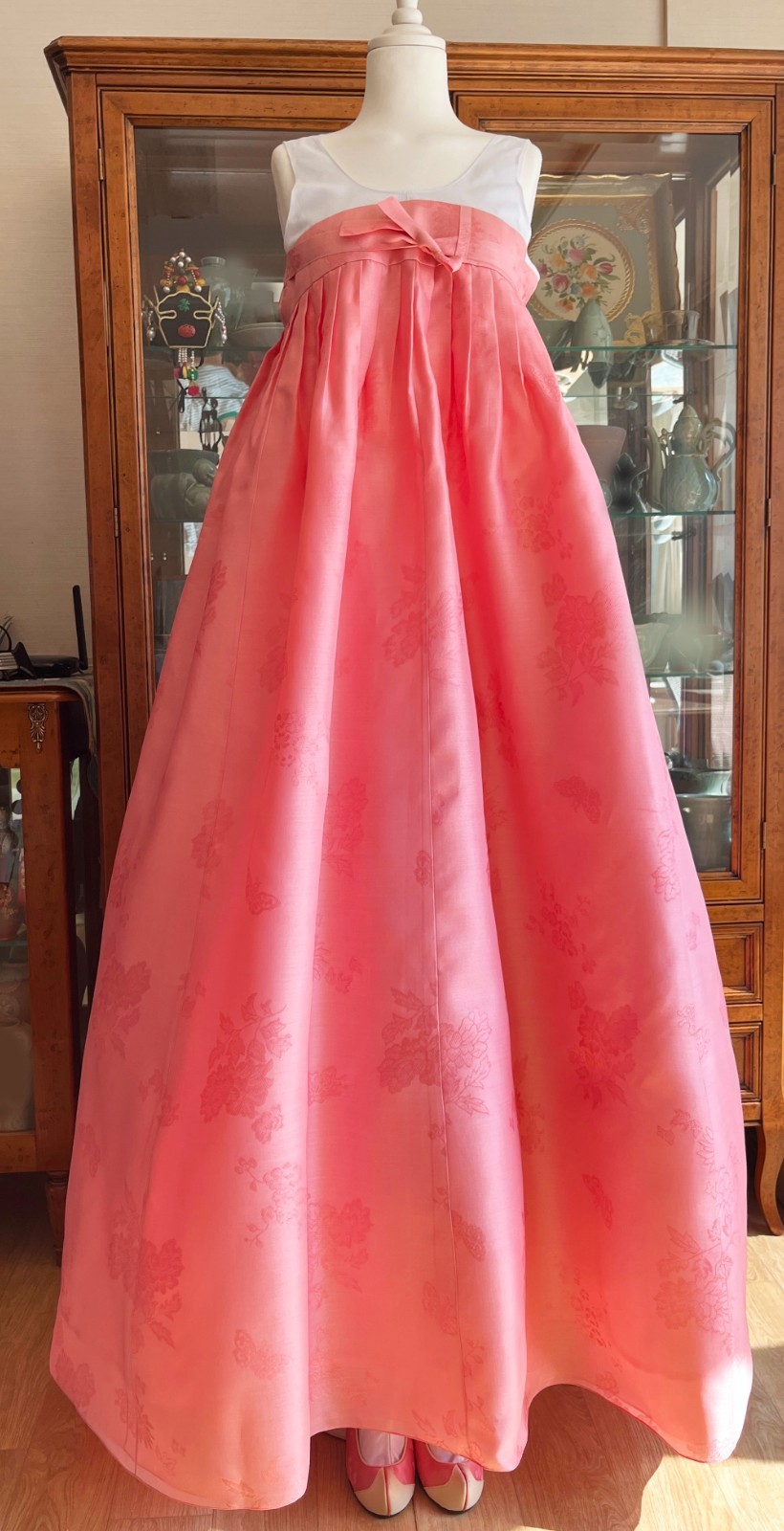 Korean Traditional Dress Dangui Hanbok Set-Green & Peach/Petticoat 2 Norigae Bag