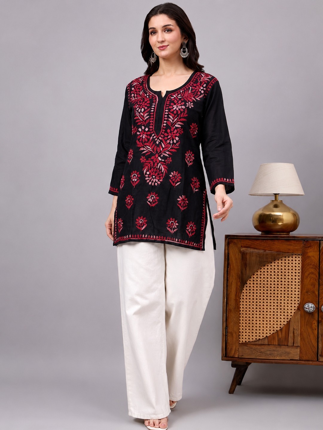 Red Women’s Rayon Chikankari Short Kurta, Lucknowi Chikankari, Handwork