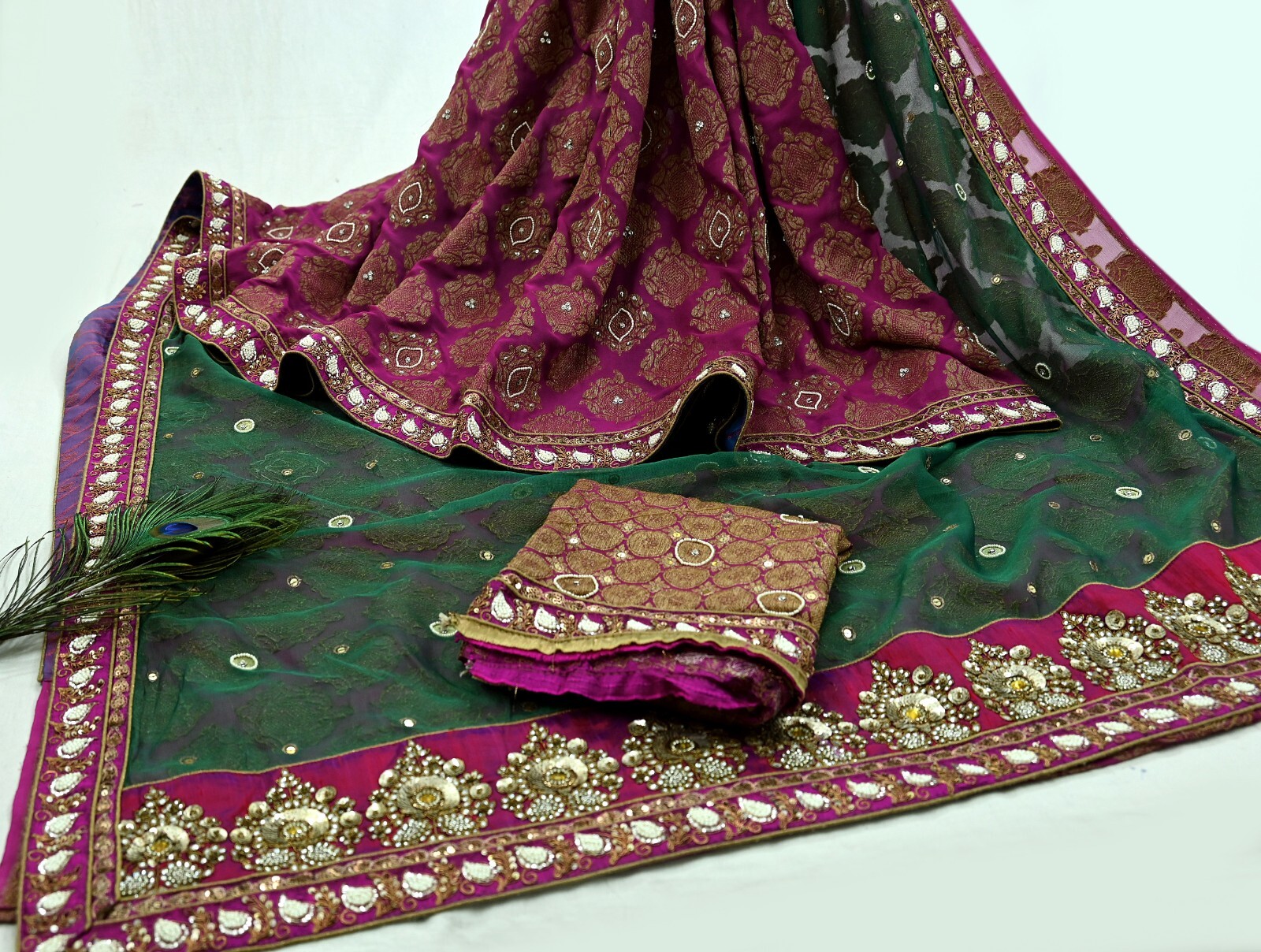 Indian Sari Green & Purple Net Hand Embroidered Designer Sabyasachi Sarees 6yard