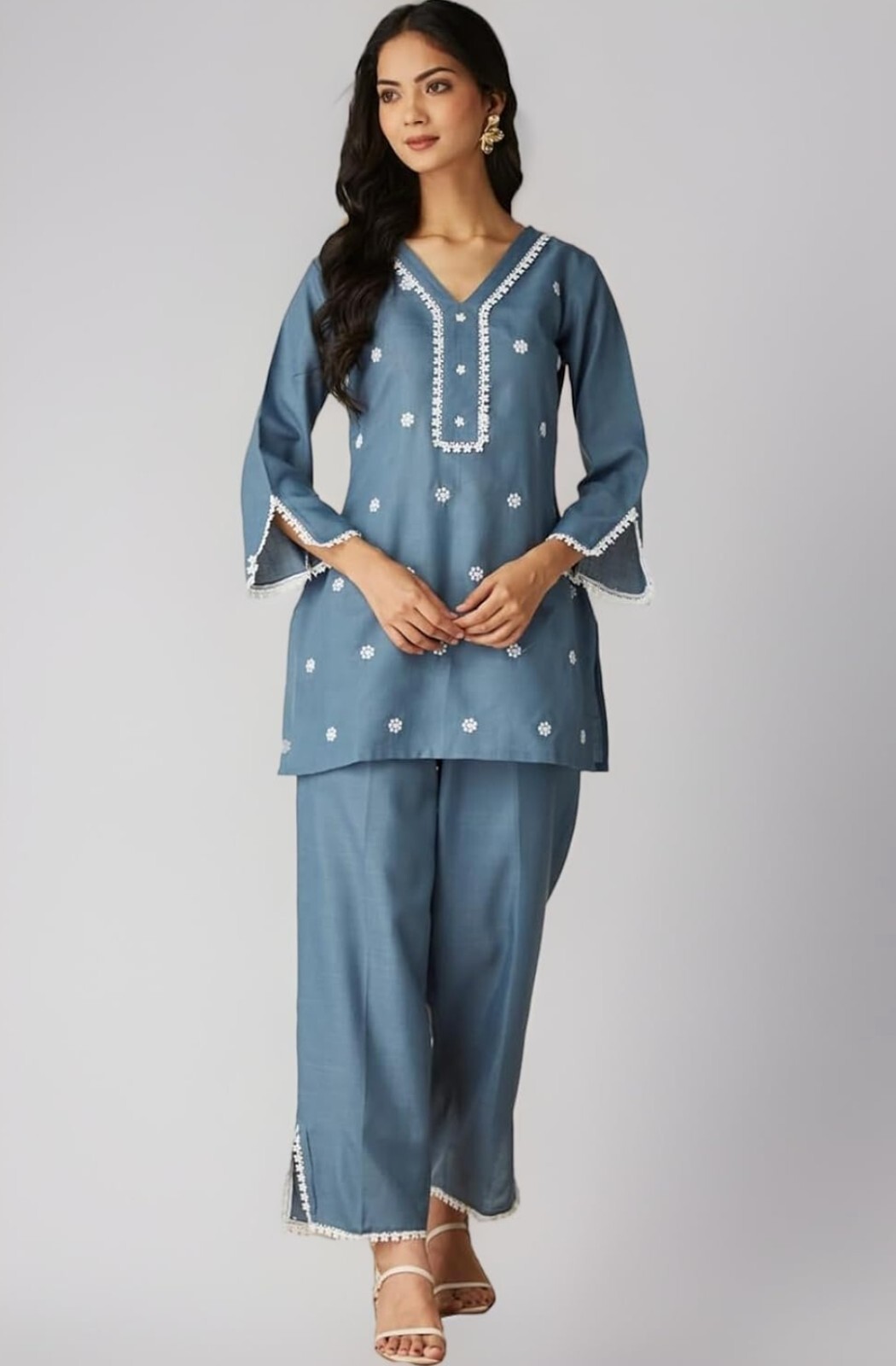 Indian Co-ord Set ; Women Blue/Beige Lace work Solid Cotton Kurta Trouser Set