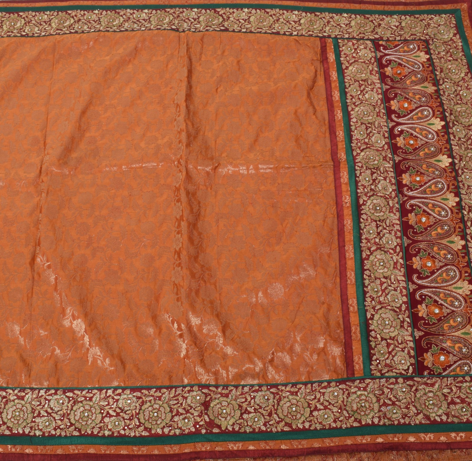 Sushila Vintage Rust Sari Blend Silk Woven, Embroidered Beaded Floral Fabric