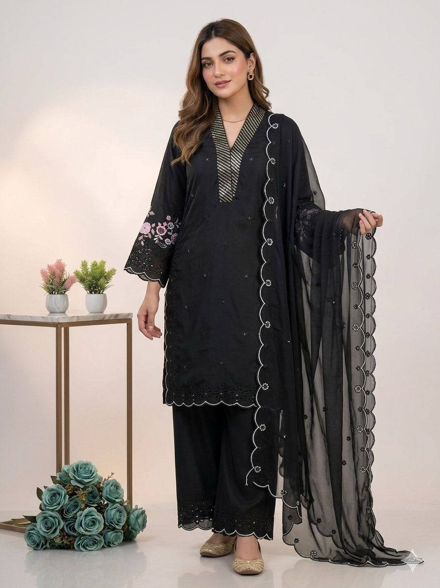 Presenting New Black Mal Chanderi Kurta Palazzo With Organza Dupatta For Women