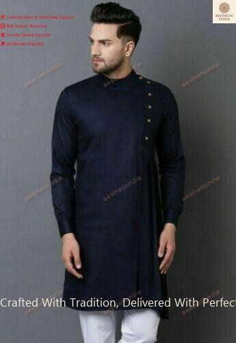 Indian Cotton Mens Shirt Long Sleeve Kurta Loose Black Kurta