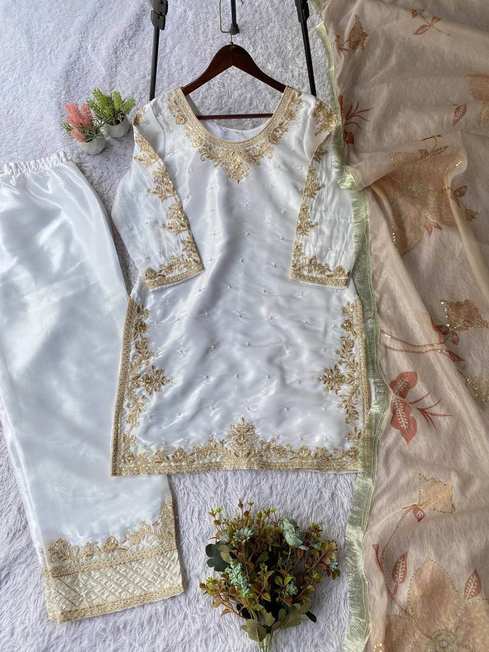 New Launch Heavy Fancy Silk White Top Palazzo With Dupatta For Wedding Wear