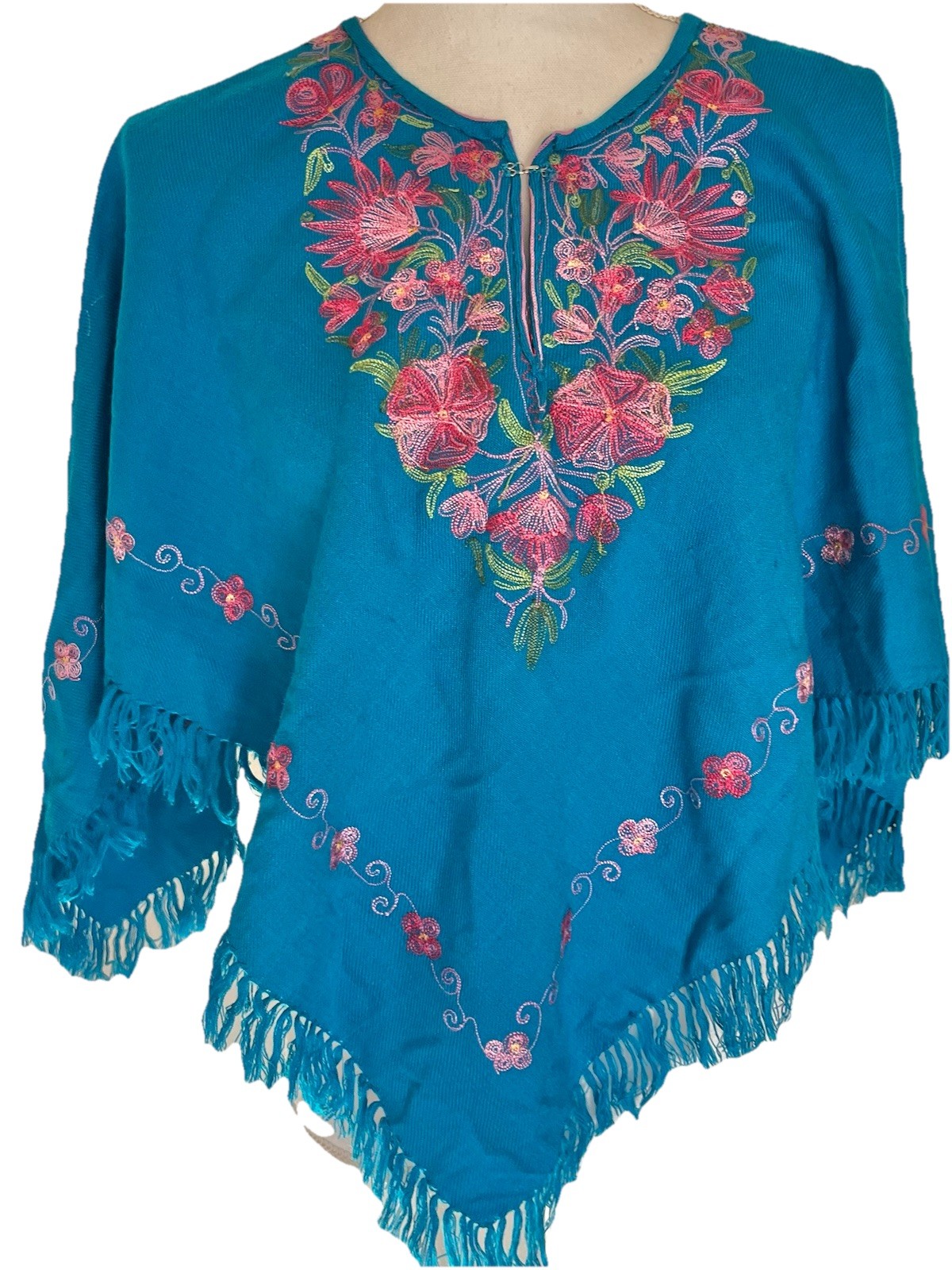 Turquoise Blue Embroidered Poncho From Mexico Shawl Lightweight Mañanitas Gaban